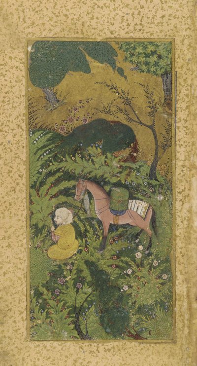 Waiting Groom with Horse in Wooded Grove by Persian School