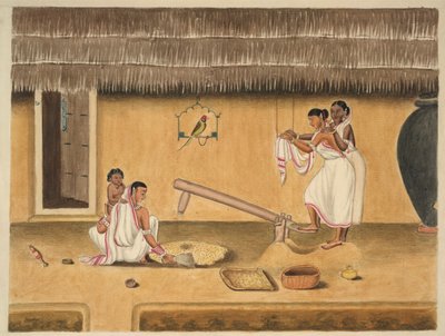 Women husking paddy with a dhenki, c.1840 by Persian School