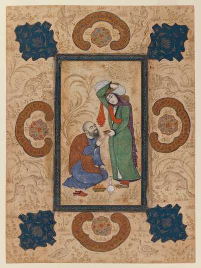 Young woman offering wine to a sage by Persian School