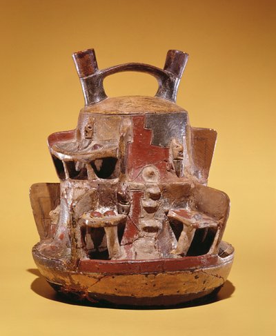 Pottery vessel depicting houses nestled into the Andes by Peruvian School