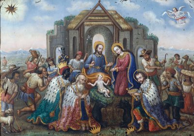 The Nativity with the Adoration of the Magi and Shepherds, an Andean Landscape Beyond by Peruvian School