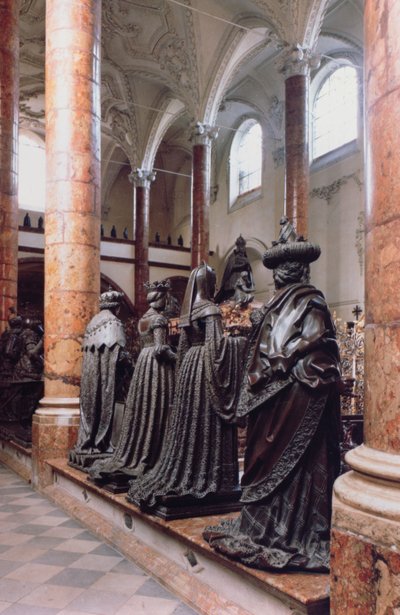 Tomb of Maximilian I (1459-1519) view of four bronze figures of mourners, possibly ancestors, relatives or contemporaries, the design attributed to Gilg Sesselschreiber by Peter (workshop of) Vischer