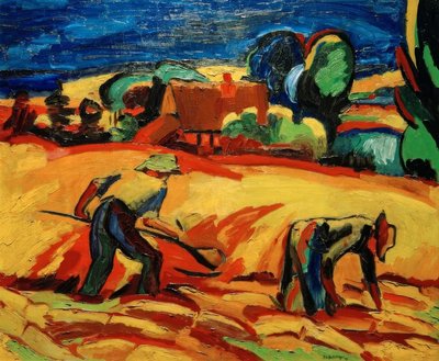 My Parents Harvesting Corn in Front of the House by Peter August Böckstiegel