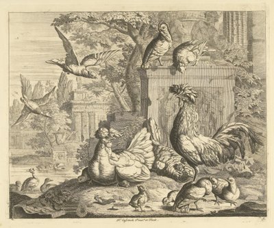 Rooster, Hen with Chicks, and Other Birds in a Garden with Ancient Ruins by Peter Casteels (III)