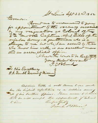 Letter signed P.E. Bland, St. Louis, to H.R. Gamble, Governor of Missouri, September 22, 1862 by Peter E. Bland