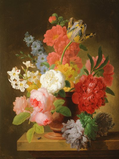 Still life of flowers in a marble urn by Peter Faes