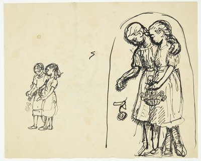 Two Little Girls Scattering Flowers. Two Sketches on the Same Sheet by Peter Hansen
