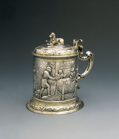 Tankard, the Body Repousse and Chased with Jacob Wrestling with the Angel, and Abraham and Sarah Giving Hospitality to the Trinity, Danzig, c.1690 by Peter III Rohde