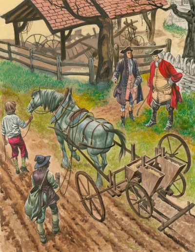 A farmer showing off his labourers using the new drilling machine invented by Jethro Tull by Peter Jackson