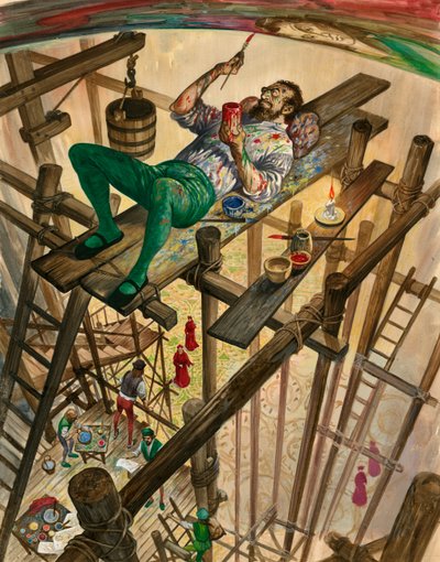Michelangelo painting the ceiling of the Sistine Chapel in Rome, the Pope watching from far below by Peter Jackson