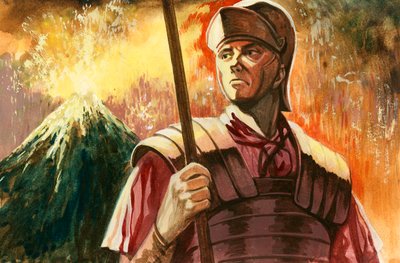 Roman soldier with Vesuvius erupting behind by Peter Jackson