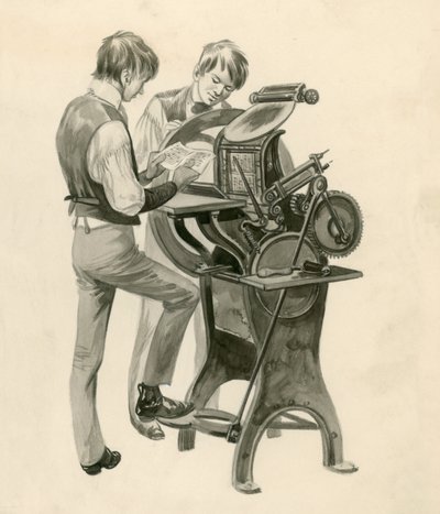 The Wright Brothers as boys, printing their newspaper called The Midget. Original artwork for Treasure by Peter Jackson