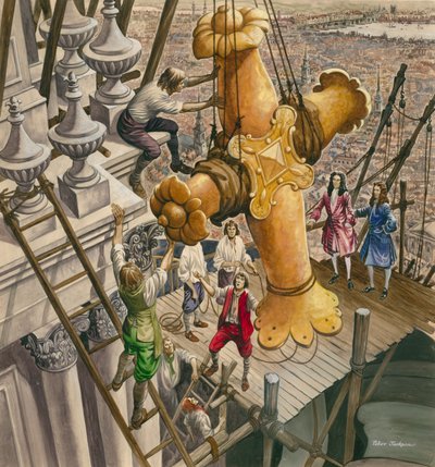 The Golden Cross being placed on the top of St Paul