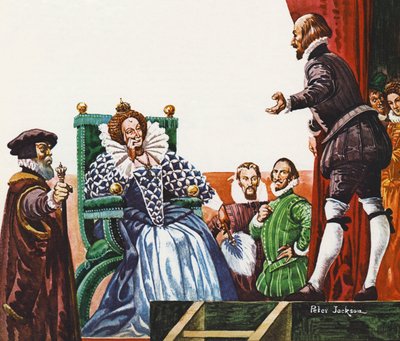 William Shakespeare presenting one of his plays to Queen Elizabeth I by Peter Jackson