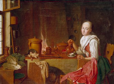 Lady in her kitchen by Peter Jacob Horemans
