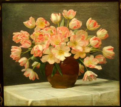 Tulips in a Vase on a Draped Table by Peter Johan Schou