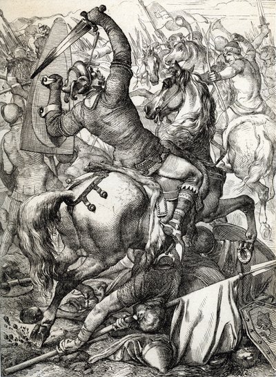 Battle of Hastings fought on 14 October 1066 between the Norman-French army of Duke William II of Normandy and an English army under the Anglo-Saxon King Harold II, during the Norman conquest of England by Peter Johann Nepomuck Geiger