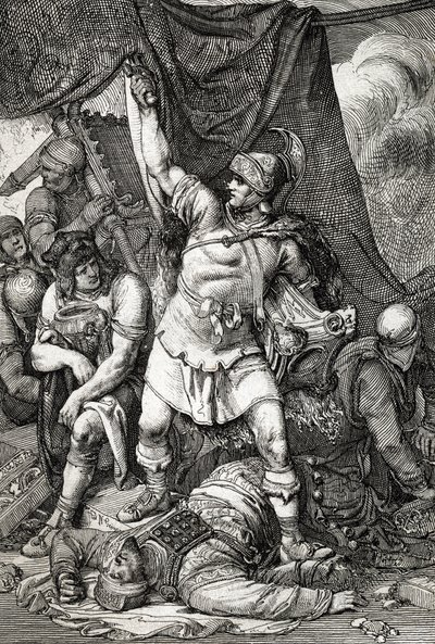 Roman Antiquity: The capture of Jerusalem, depiction of the siege of Jerusalem by the Romans in 70 AD, the city is sacked by the troops of Emperor Titus and the second temple of Jerusalem destroyed by Peter Johann Nepomuck Geiger