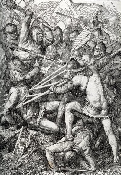 The Battle of Sempach fought on 9 July 1386, between Leopold III, Duke of Austria and the Old Swiss Confederacy, drawing from “Historische Memorabilian des In-und Auslandes” by Anton Ziegler by Peter Johann Nepomuck Geiger