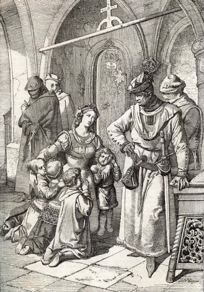 The assassination of the noble lady Ines de Castro, second wife of Peter I of Portugal in the monastery Santa Clara de Coimbra, Portugal 1355 by Peter Johann Nepomuck Geiger