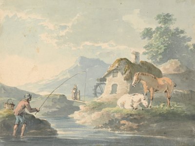 Rustic Scene: Man Fishing, Left; Cottage with Water-Mill and Horses Right by Peter La Cave