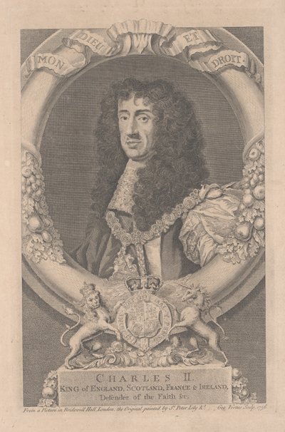 Charles II, King of England, Scotland, France and Ireland, engraved by George Vertue by Peter Lely