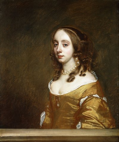 Portrait of a Lady of the Popham Family, half-length, Behind a Casement, Wearing an Orange Dress by Peter Lely