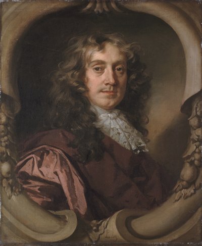 Portrait of a Gentleman, Half-Length, in a Brown Coat and Mechlin Lace Cravat, in a Sculpted Cartouche by Peter Lely