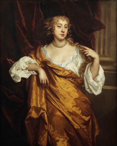 Portrait of the Hon. Mary Wharton, Standing three-quarter length, in a White Chemise and Yellow Robe by a Maroon Draped Column by Peter Lely