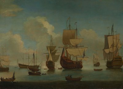 English warships at anchor in a calm, drying sails by Peter Monamy