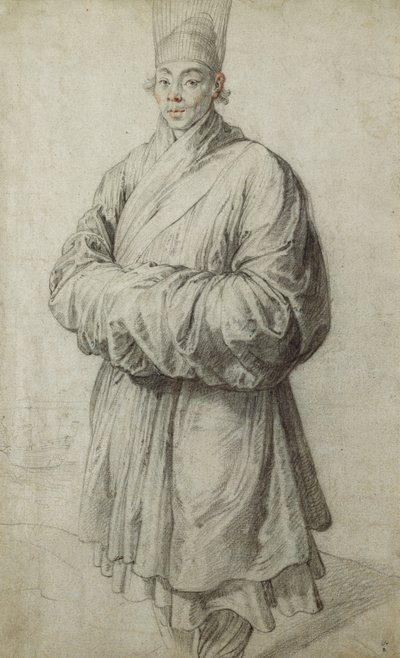 A Man in Korean Costume, Wearing a Transparent Headdress of Horsehair, Nearly Full Length, a Ship to the Left by Peter Paul Rubens