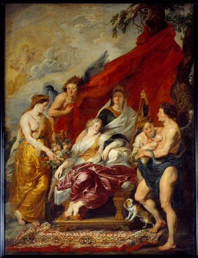 Louis XIII was born in Fontainebleau on 27 September 1601. His mother Marie de Medicis sits on the throne and looks at the newborn by Peter Paul Rubens