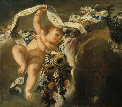 Putto with Flower Garland and Banner by Peter Strudel