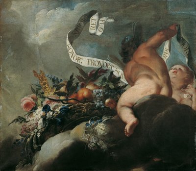 Two Putti with Flowers, Fruits, and Banner by Peter Strudel