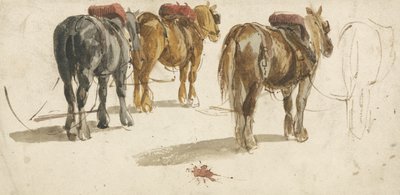 Three Cart-Horses in traces, back view by Peter de (attr.) Wint