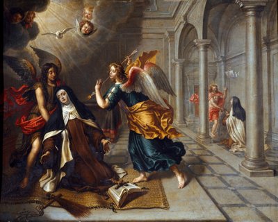 Saint Therese of Avila (of the Child Jesus) (1515-1582) meets the angel who pierces her heart with a golden dart by Peter Van Lindt (17th century) by Peter van Lint