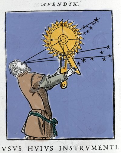 Drawing by Apianus (1539) Using a device used to calculate the time in relation to the stars at night. Cosmographia by Pietro Apiano, Paris 1551 by Petrus Apianus