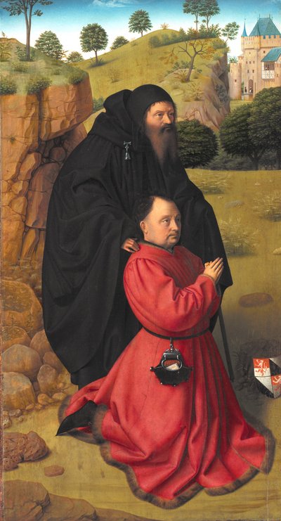 Altar Panel with a Portrait of a Donor in Scarlet under the Protection of St Anthony by Petrus I Christus