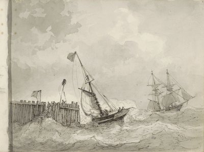 Two Sailing Ships at a Dock by Petrus Johannes Schotel (circle of)