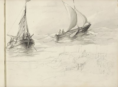 Two Sailing Ships with Figures at Sea by Petrus Johannes Schotel (circle of)