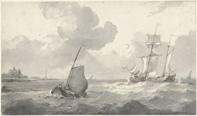 Two-Master and Fishing Boat off the Coast by Petrus Johannes Schotel
