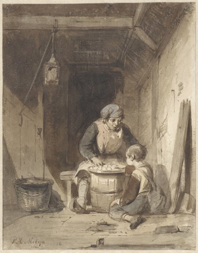 Man and Boy Eating in a Barn by Petrus Marius Molijn