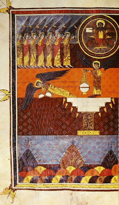 Seven angels with trumpets, from the Beatus Apocalypse from Santo Domingo de Silos by Petrus Petrus