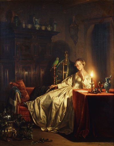 A Candlelit Interior with a Lady Seated at a Table by Petrus van Schendel