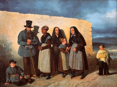 The poor of the San Bernardino hospice in Madrid warming themselves in the sun by Pharamond Blanchard