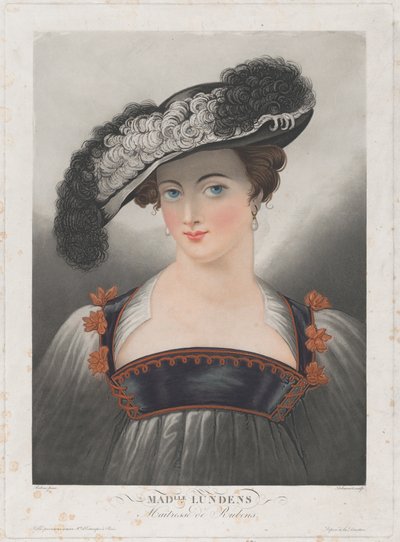 Portrait of Susanna Lunden, wearing wide-brimmed hat with feathers by Philibert Louis Debucourt