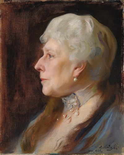Portrait of Princess Henry of Battenberg, née Princess Beatrice of Great Britain, in profile to the left, wearing a choker and drop earrings by Philip Alexius de Laszlo