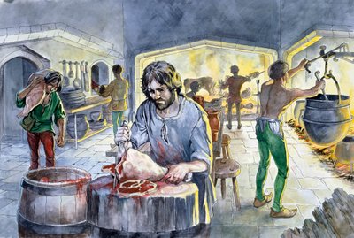 Kitchen in the Middle Ages, 14th Century, c. 1990-2010 by Philip Corke