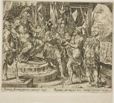 Achior Pleading with Holofernes for the Israelites, Plate One from The Story of Judith and Holofernes by Philip Galle