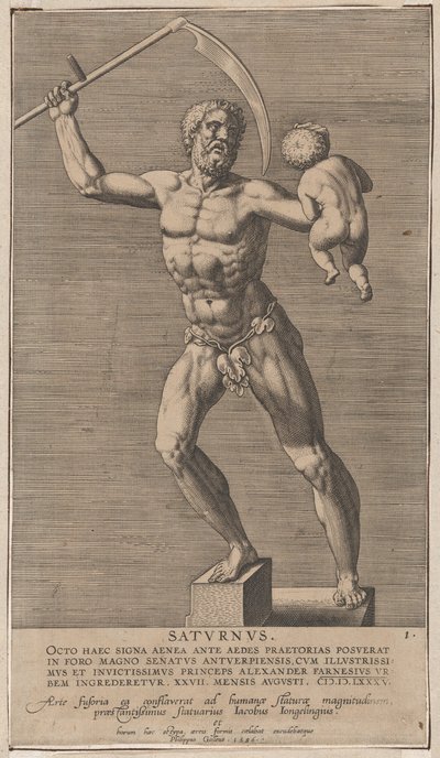 Plate 1: Saturn, statue of the nude god standing on a socle, holding a scythe in his right by Philip Galle